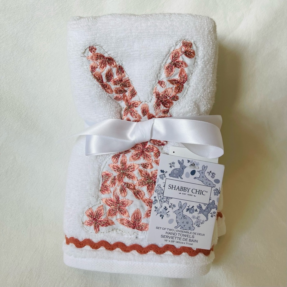 Shabby Chic 100% Cotton White and Orange Rabbit Design, Hand Towels, Set of 2